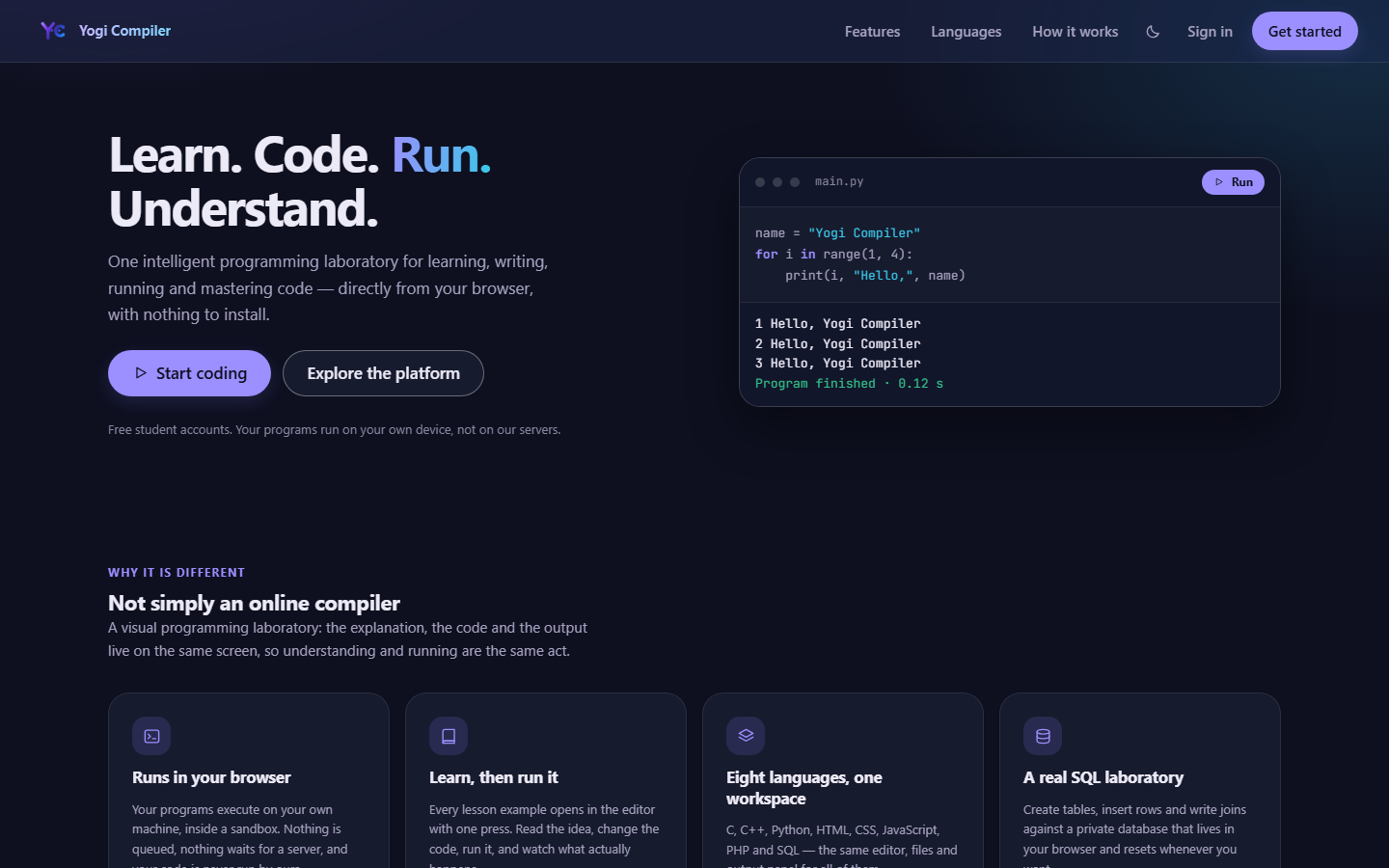 Yogi Compiler original website preview